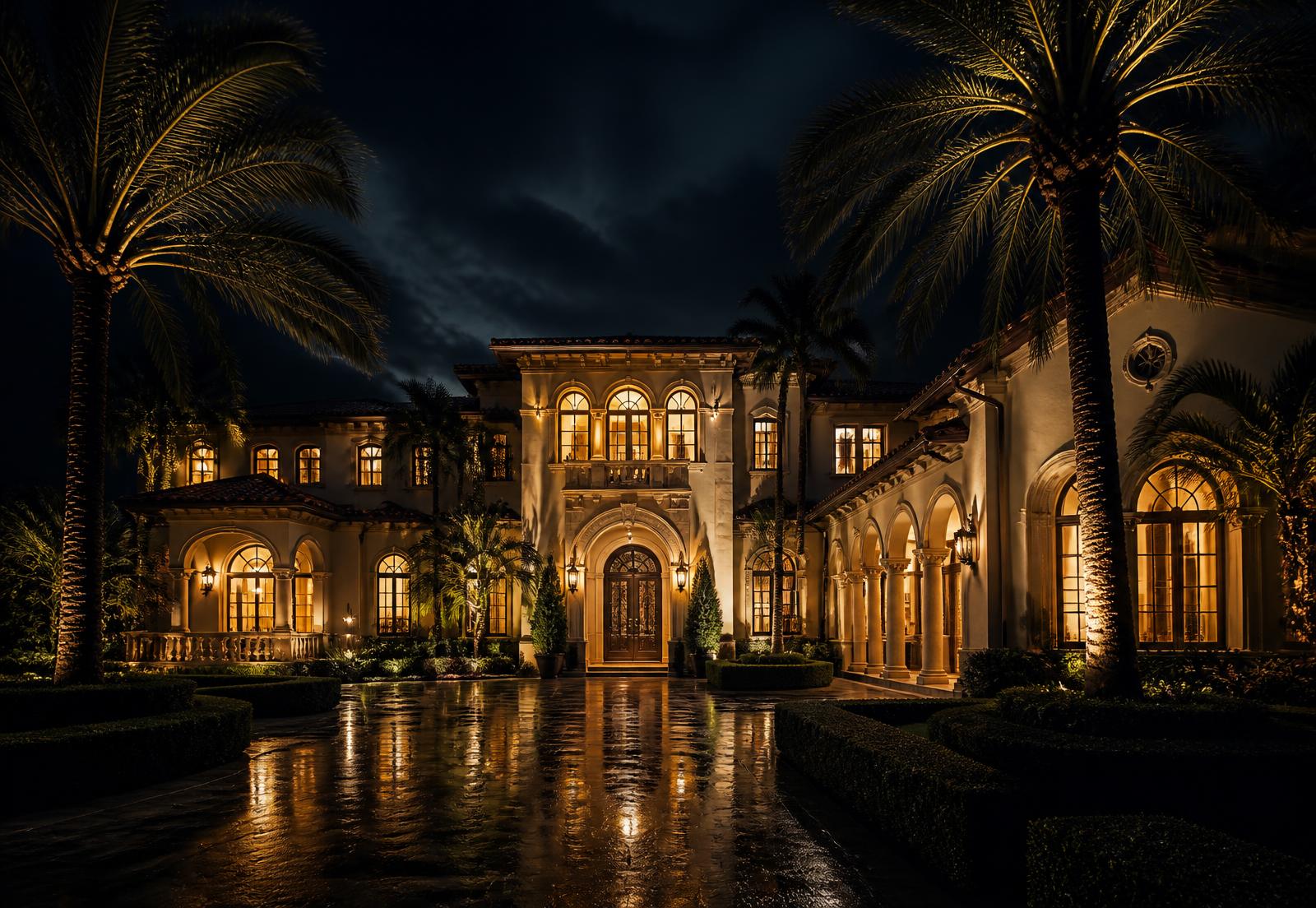 Illuminated Mediterranean-style estate at dusk in Coral Gables, Florida